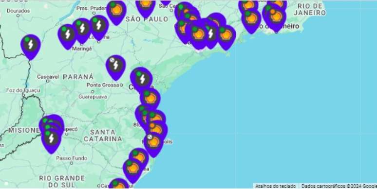 Mapa de recarga para carros elétricos e híbridos plug-in do site da Tupi Mobilidade