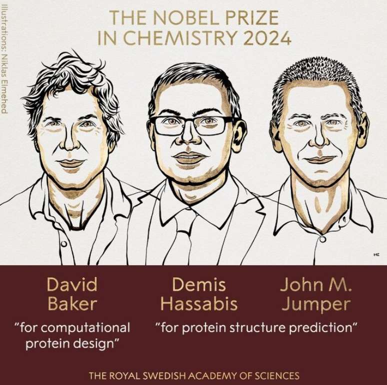 Na foto, os ganhadores do Prêmio Nobel de Química. David Baker, da Universidade de Washington (EUA), e Demis Hassabis e John M. Jumper, do Google DeepMind, uma empresa britânica focada em soluções que usam a IA.