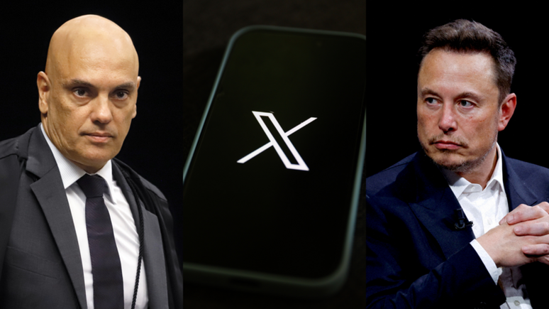 Montagem com fotos de Alexandre de Moraes, Elon Musk e celular com logo do X