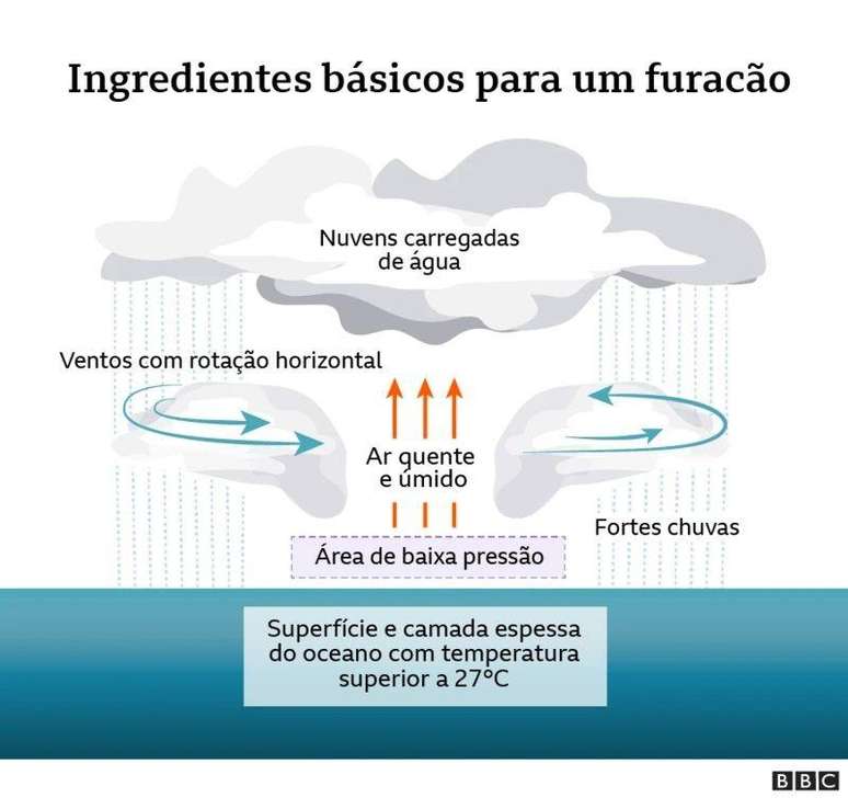 Gráfico da BBC que descreve os ingredientes básicos de um furacão, compreendendo uma superfície oceânica e massa de água com temperaturas superiores a 27°C, uma zona de baixa pressão acima com ventos girando horizontalmente e ar quente e úmido subindo para formar nuvens de chuva