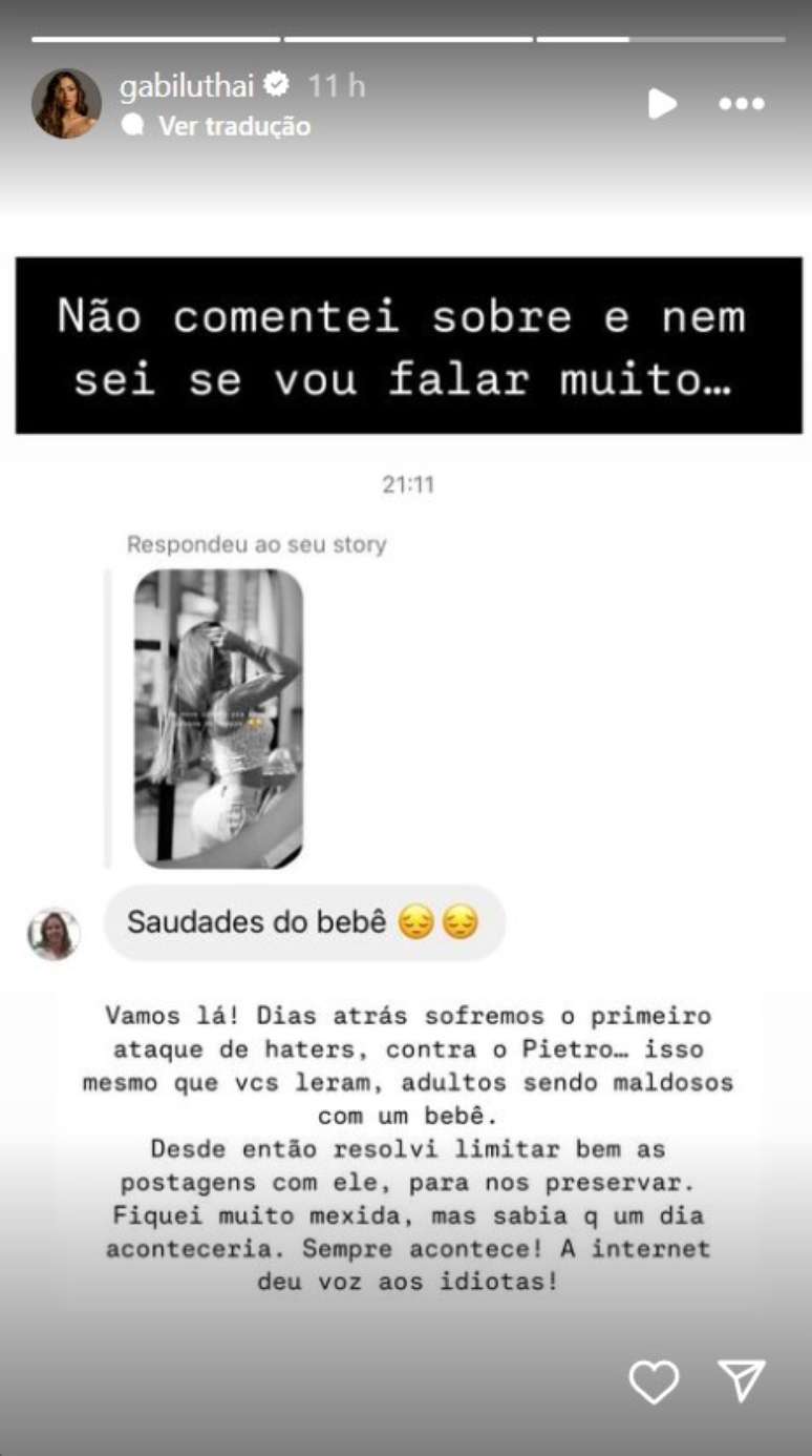 Story de Gabi Luthai - Reprodução/Instagram