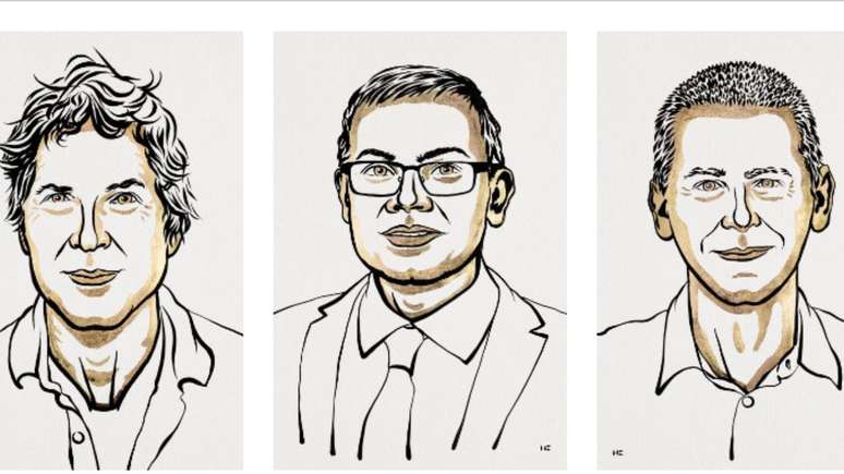 Ilustrações dos laureados do Nobel de Química: David Backer, Demis Hassabis e John Jumper