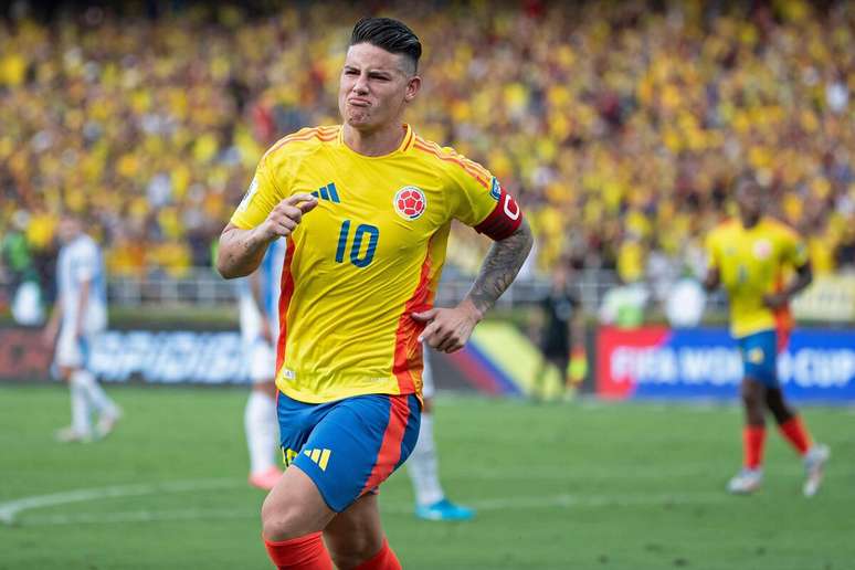 James Rodríguez (Colômbia) comemorando seu gol contra a Argentina, no dia 10.09.2024 