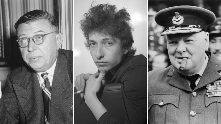 O francês Jean-Paul Sartre, o americano Bob Dylan e o inglês Winston Churchill foram vencedores do Nobel de Literatura em 1964, 2016 e 1953, respectivamente