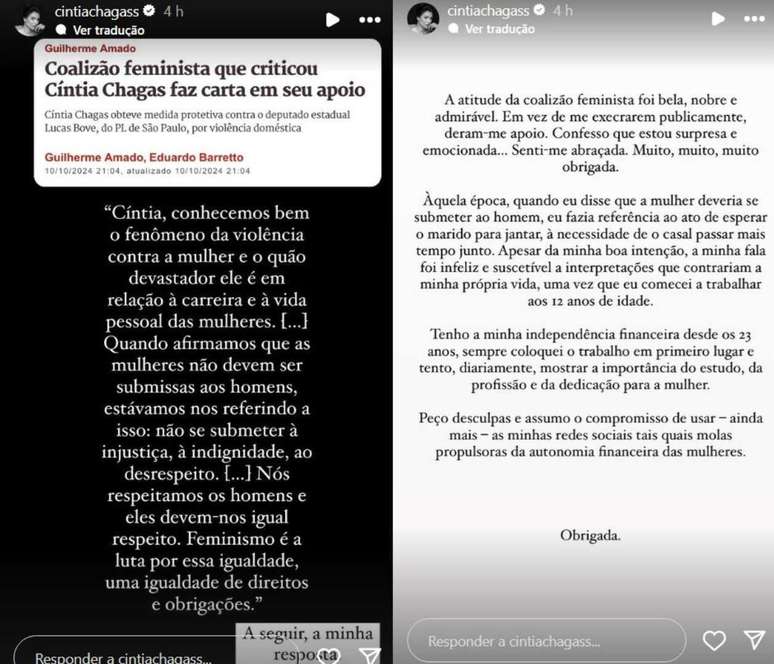 "A minha fala foi infeliz e suscetível a interpretações que contrariam a minha própria vida", disse Cíntia Chagas