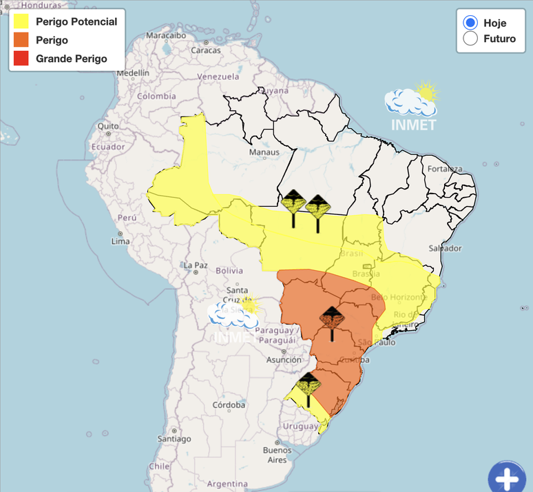 Inmet emitiu alerta laranja para tempestades e alerta amarelo para chuvas intensas em boa parte do território