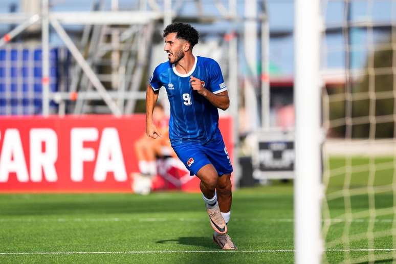 Ferhat Saglam (Liechtenstein) comemorando seu gol contra o Gibraltar, no dia 07.09.2024 