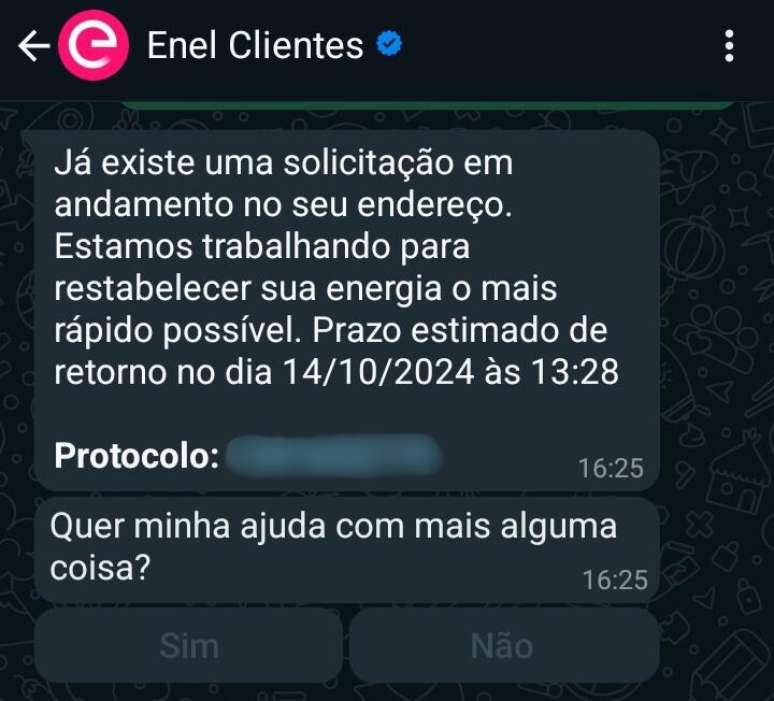 Morador compartilha mensagem da Enel com previsão de reabastecimento de energia na Grande SP