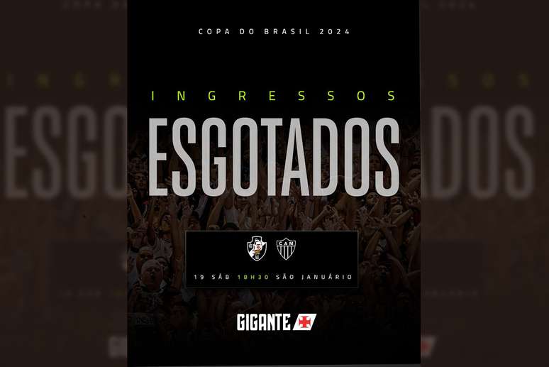 Tiket telah terjual untuk pertandingan Vasco x Atletico MG, untuk Piala Brasil -