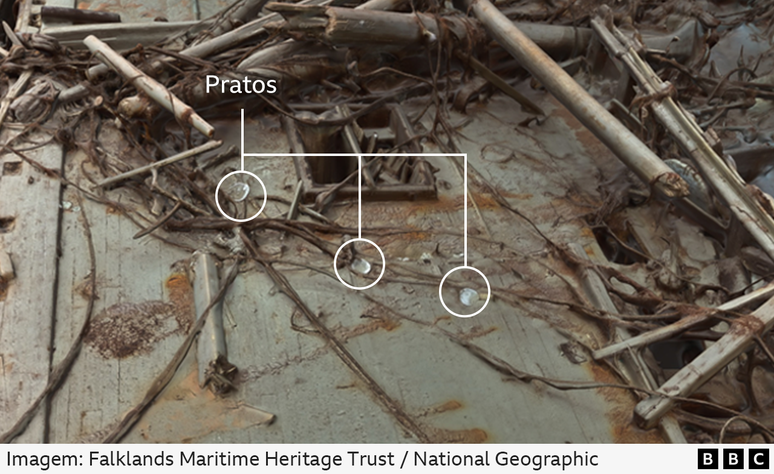 Pratos utilizados pela tripulação do Endurance nas refeições, entre os restos do navio.