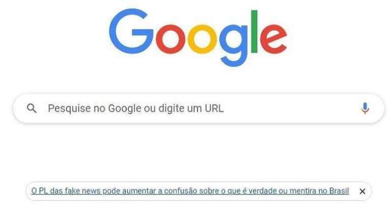 Captura de tela da página principal do buscador Google com link para conteúdo contrário ao 'PL das Fake News', em maio de 2023