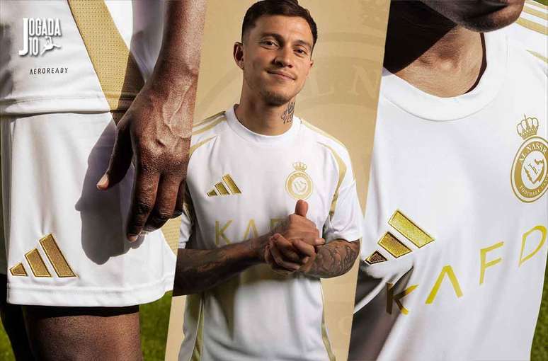 Novo terceiro uniforme do Al-Nassr está sendo comparado ao uniforme do Real Madrid de 2011/2012 – Fotos: Divulgação/Al-Nassr