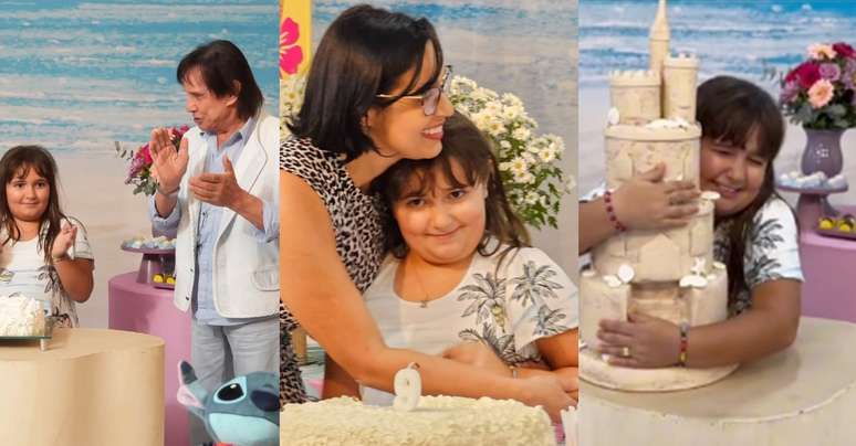 Em sua festa de 9 anos, Laura recebeu o carinho do avô, Roberto Carlos, e da mãe, Valeska Braga