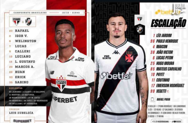 São Paulo e Vasco estão escalados