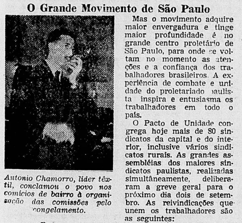 O líder sindical têxtil Antonio Chamorro em recorte do jornal Voz Operária (RJ), de 1954