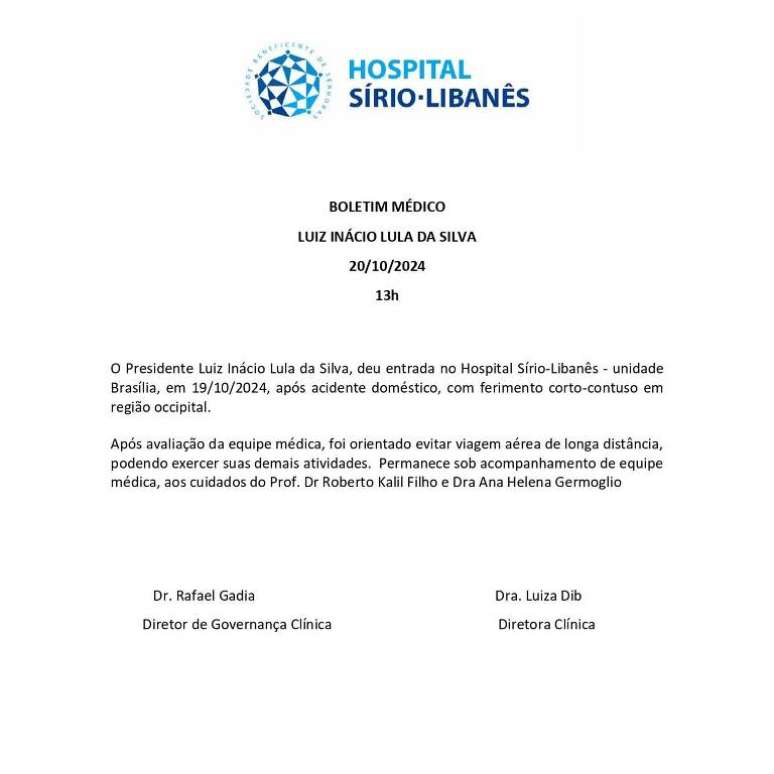 Boletim médico do presidente Lula publicado no dia 20.out. após queda domestica e internação no Hospital Sirio Libanês.