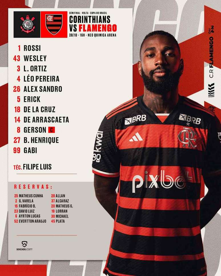 Veja acima a escalação do Flamengo contra o Corinthians.