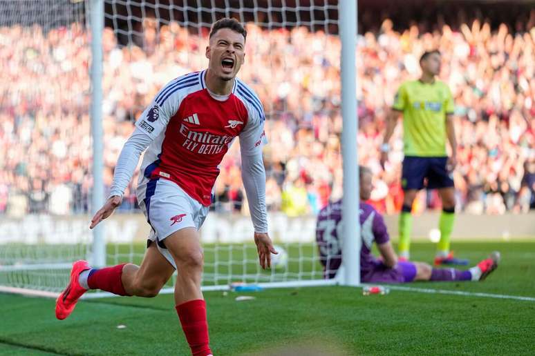 Gabriel Martinelli (Arsenal) comemorando seu gol contra o Southampton, no dia 05.10.2024 