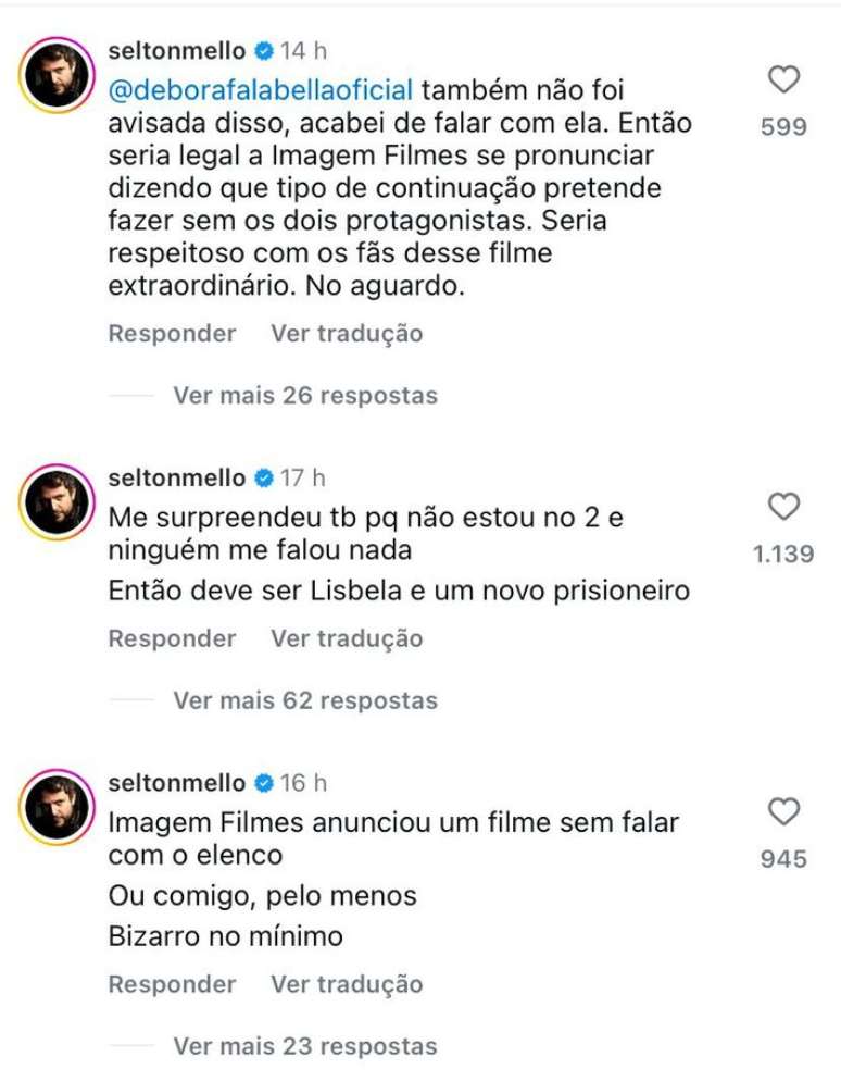 Comentários feitos por Selton Mello em publicação do portal Omelete (@omelete), sobre o anúncio de 'Lisbela e o Prisioneiro 2', na quinta, 17.