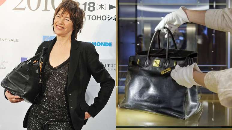 Jane Birkin e a bolsa sendo colocada em exposição