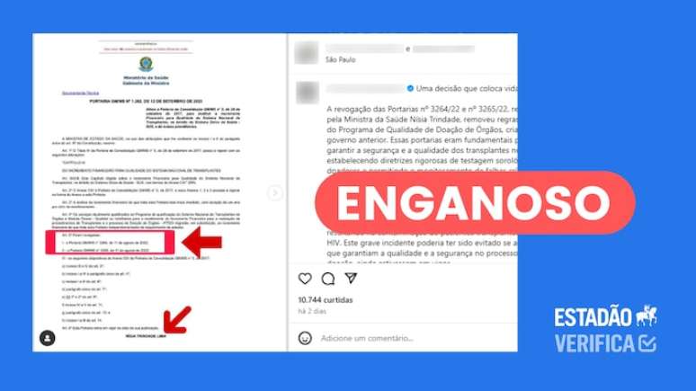 Postagem publicada no Instagram engana ao afirmar que portarias publicadas no governo do ex-presidente Jair Bolsonaro e revogadas na gestão de Lula poderiam evitar a contaminação por HIV em pacientes transplantados no Rio de Janeiro