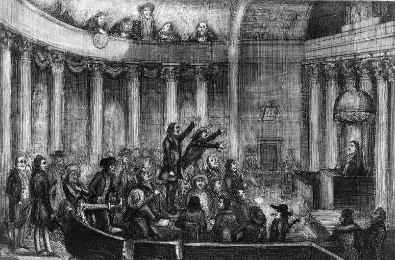 Legisladores na Câmara dos Deputados debatem a abolição da regra da mordaça de 1836, que impedia a discussão de quaisquer leis relativas à escravidão. MPI/Getty Images