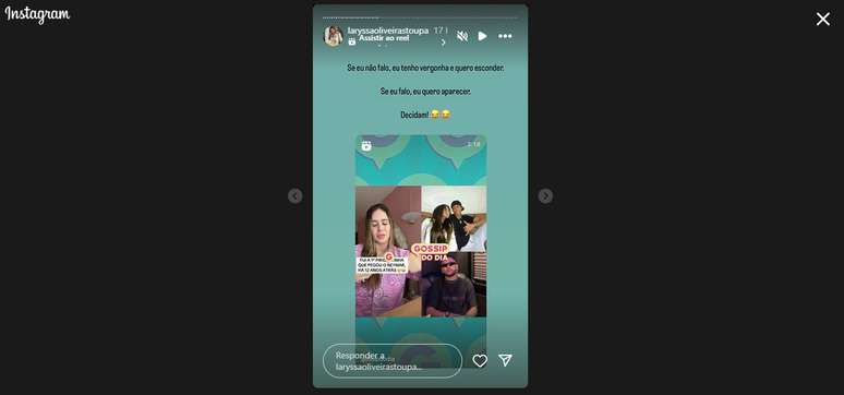 Laryssa desabafa nos stories após repercussão do caso –