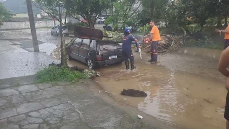 Em Ubatuba, litoral norte de São Paulo, uma árvore caiu sobre um veículo. Ninguém ficou ferido.