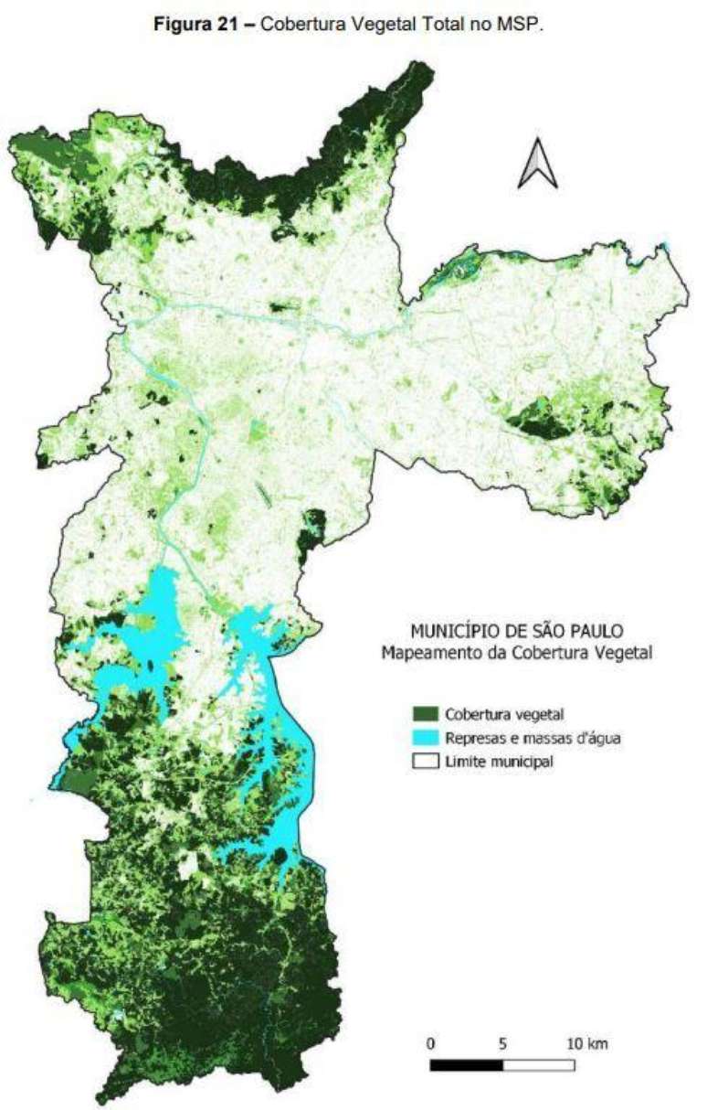 Mapa da cobertura vegetal de São Paulo: 'selva de pedra' é verde nos extremos norte e sul