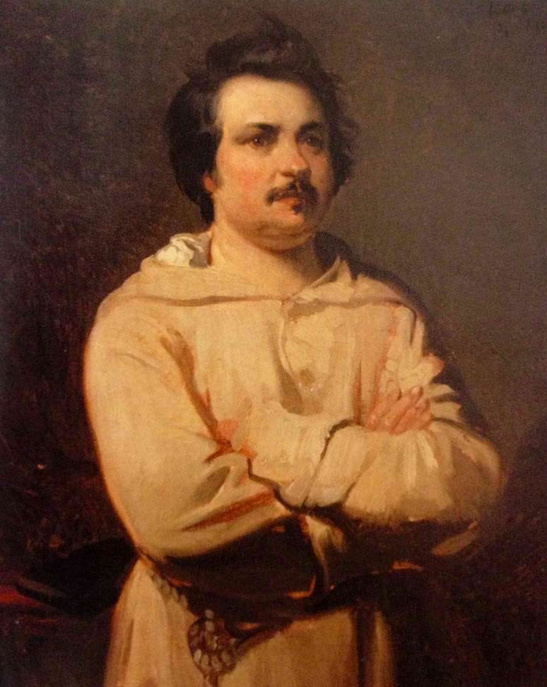 Pintura de Balzac com bigode, vestindo um roupão.