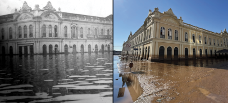 O Mercado Público de Porto Alegre após as grandes enchentes de 1941 e 2024: ações coletivas promovidas pelo Wikipedia colocam usuários de todo o Brasil no centro de esforços relevantes pela manutenção da memória de prédios e monumentos, especialmente os que sofreram com desastres como alagamentos e incêndios Fotomontagem a partir de imagem de Domínio Público e foto de CarolSiBa, usuária da Wikipedia, CC BY