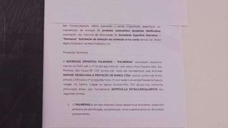 Trecho da notificação feita por empresa representante do Palmeiras contra Natália