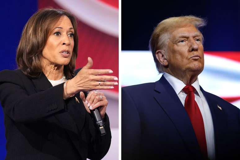 Kamala Harris e Donald Trump aparecem empatados em pesquisa de intenção de voto