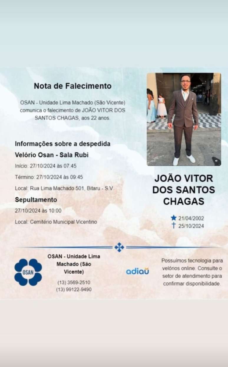 O velório de João Vitor acontece neste domingo, 27, e o sepultamento está previsto para às 10h, no Cemitério Municipal Vicentino