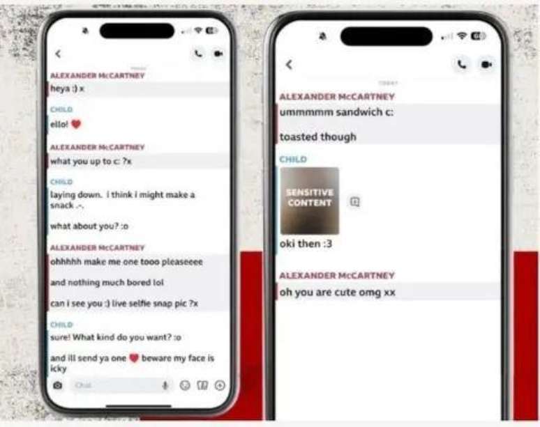 Essa é uma das mensagens entre McCartney e uma de suas vítimas no Snapchat que foram interceptadas pela polícia