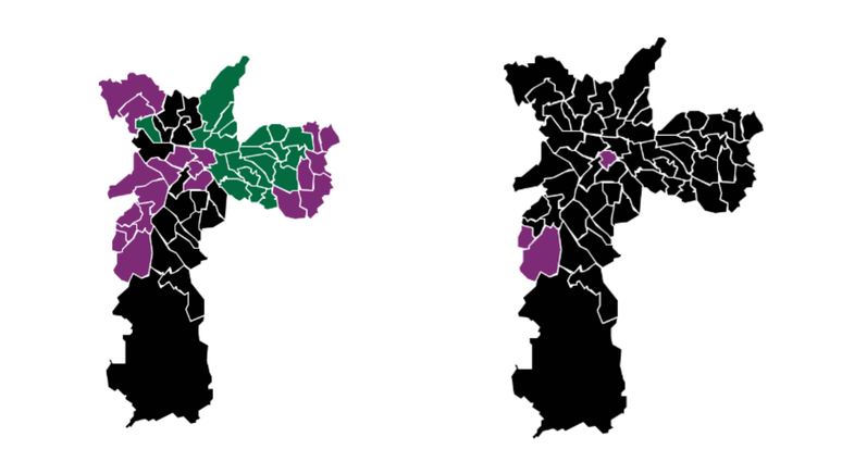 Mapa dos votos por zonas eleitorais. Legenda: preto (Nunes), roxo (Boulos) e verde (Marçal)