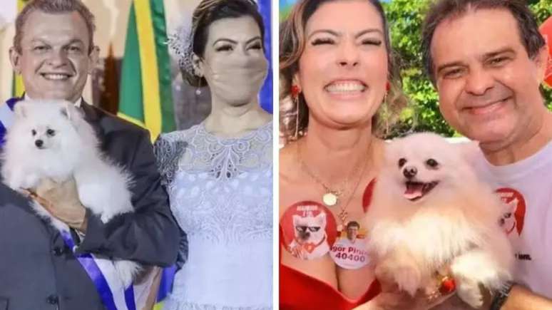 Marrion, da raça lulu da Pomerânia, na campanha de 2020 com Sarto, e com Evandro Leitão em 2024