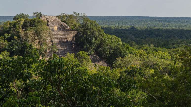 Não há fotos da cidade recém-descoberta, mas ela tinha templos piramidais semelhantes a este em Calakmul, que fica nas proximidades