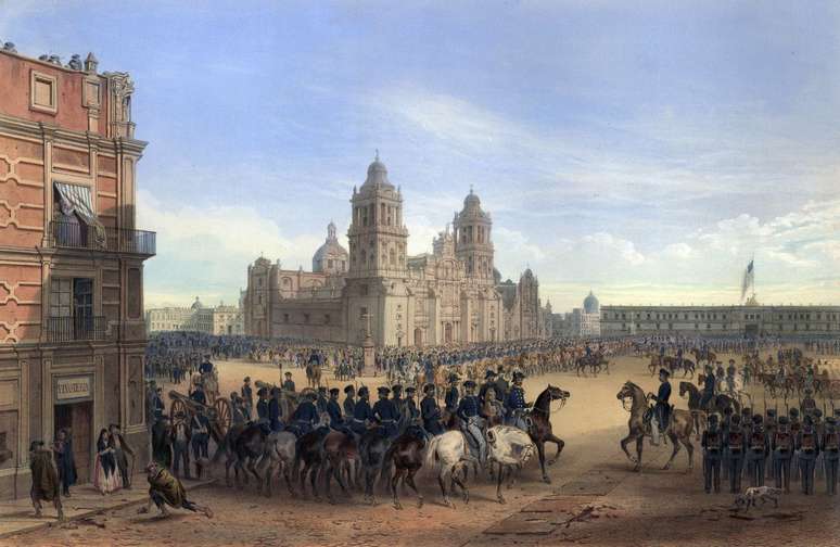 Entrada do general Scott no 'Zócalo' da Cidade do México, com a bandeira dos EUA hasteada no Palácio Nacional