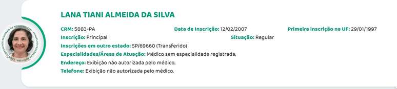 Registro da médica Lana Tiani Almeida da Silva