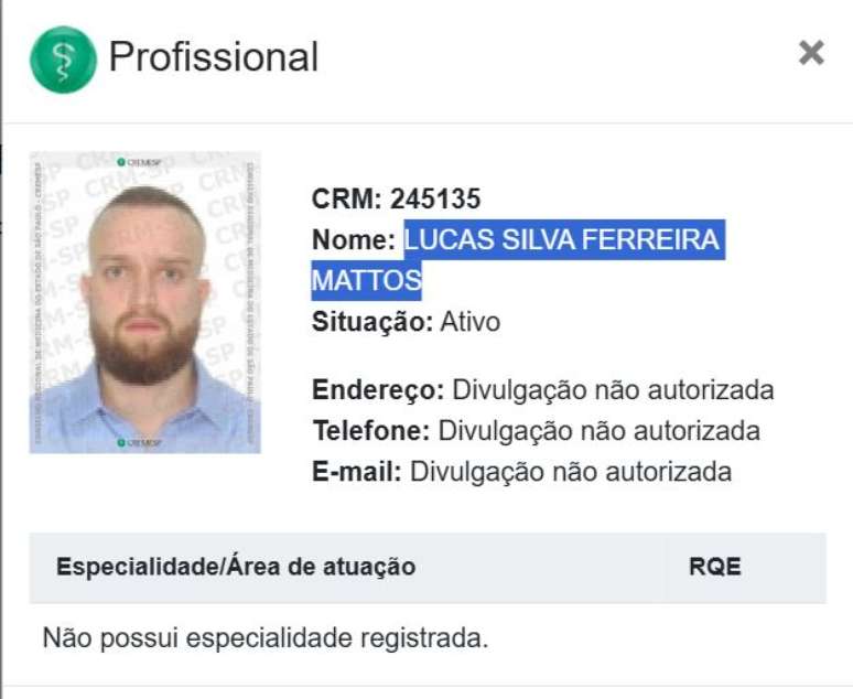 Registro do médico Lucas Silva Ferreira Mattos