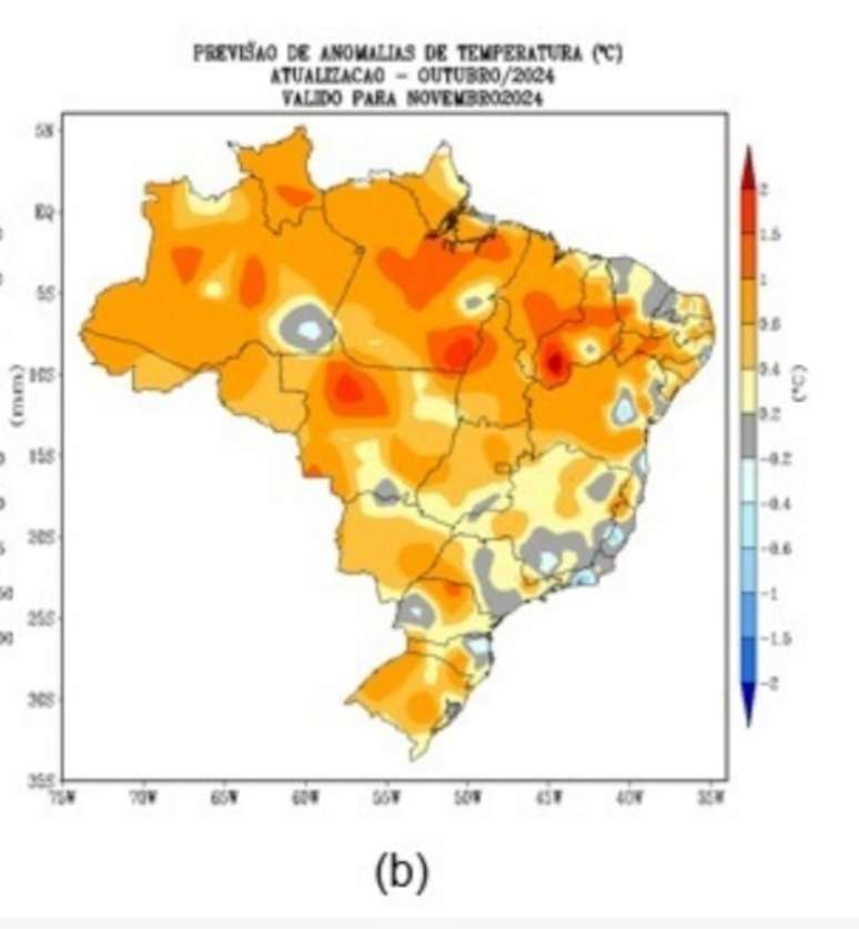 Previsão de temperatura para o mês de novembro. Acima da média (tons em laranja), calor em excesso (tons em vermelho) e abaixo da média (tons em cinza e azuis).