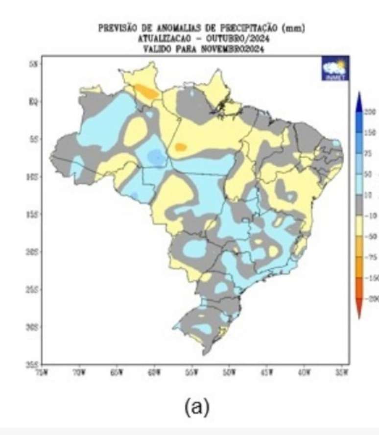 Previsão de precipitação para o mês de novembro. Normal (tom cinza), acima da média (tom azul) e abaixo da média (tom amarelo).