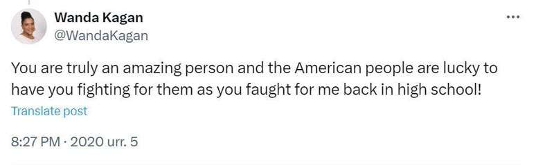Comentário de Wanda Kagan na postagem de Kamala Harris sobre o relacionamento delas no então Twitter em 2020