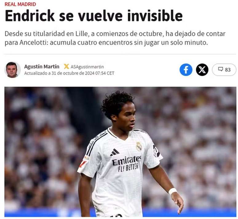 Endrick como destaque em jornal da Espanha, após perder espaço no Real Madrid –