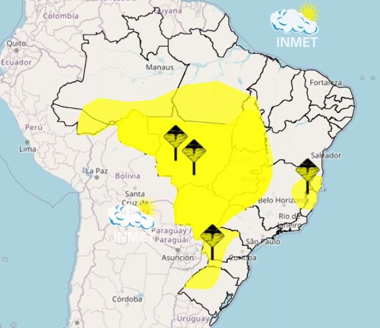 Inmet emite alerta amarelo para risco potencial de chuvas intensas.