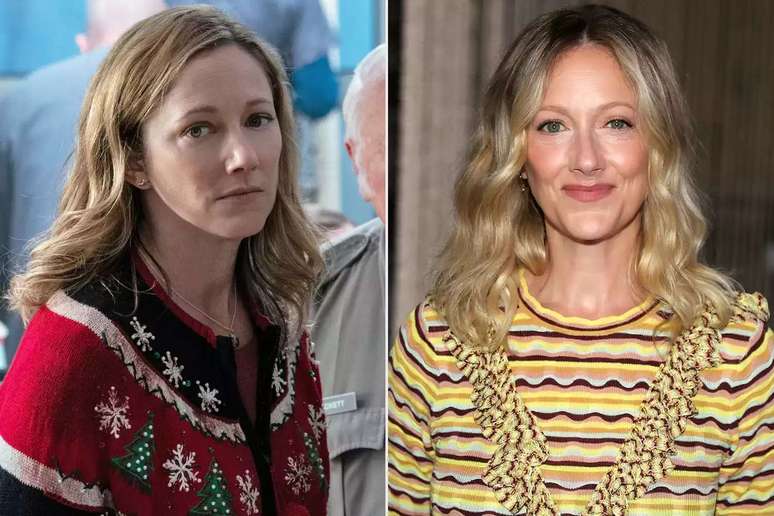 Judy Greer as Karen Nelson in 'Halloween Kills,' 2021; Judy Greer at the Ulla Johnson show during New York Fashion Week on Sept. 10, 2023, in New York City. Ryan Green/Universal Pictures; Manny Carabel/Getty