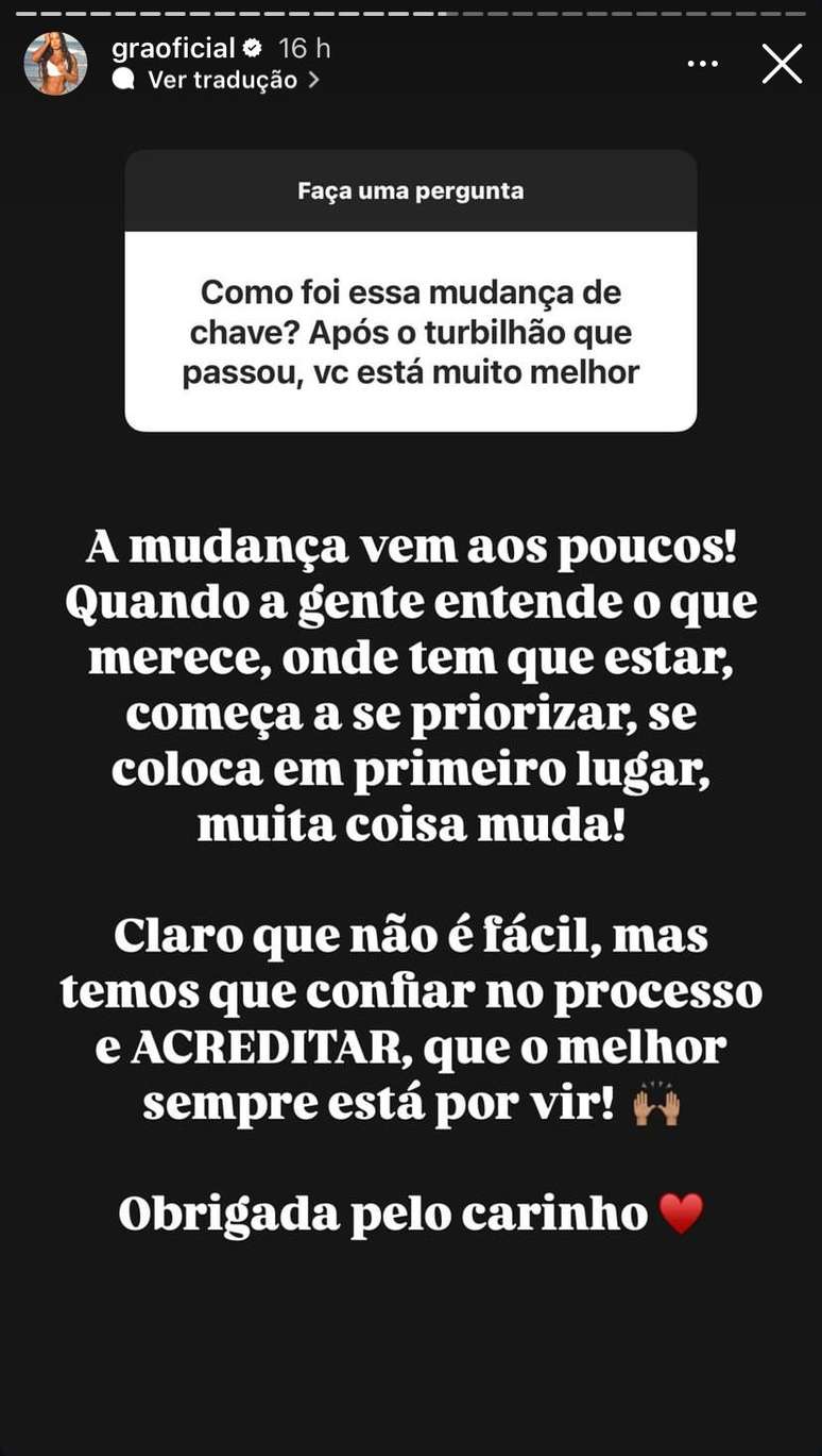 Gracyanne Barbosa reflete sobre mudanças - Reprodução / Instagram