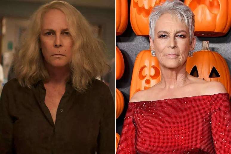 Jamie Lee Curtis as Laurie Strode in 'Halloween Kills,' 2021; Jamie Lee Curtis at the world premiere of Universal Pictures' 'Halloween Ends' on Oct. 11, 2022, in Hollywood, Calif. Universal Pictures; Jon Kopaloff/Getty