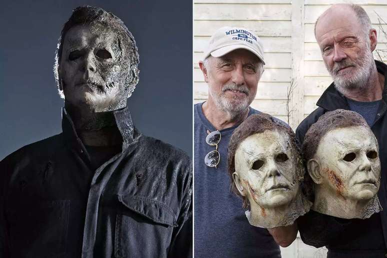 Michael Myers in 'Halloween Kills,' 2021; Nick Castle (left) and James Jude Courtney (right) on the set of 'Halloween Kills,' 2021. Ryan Green/Universal Pictures (2)